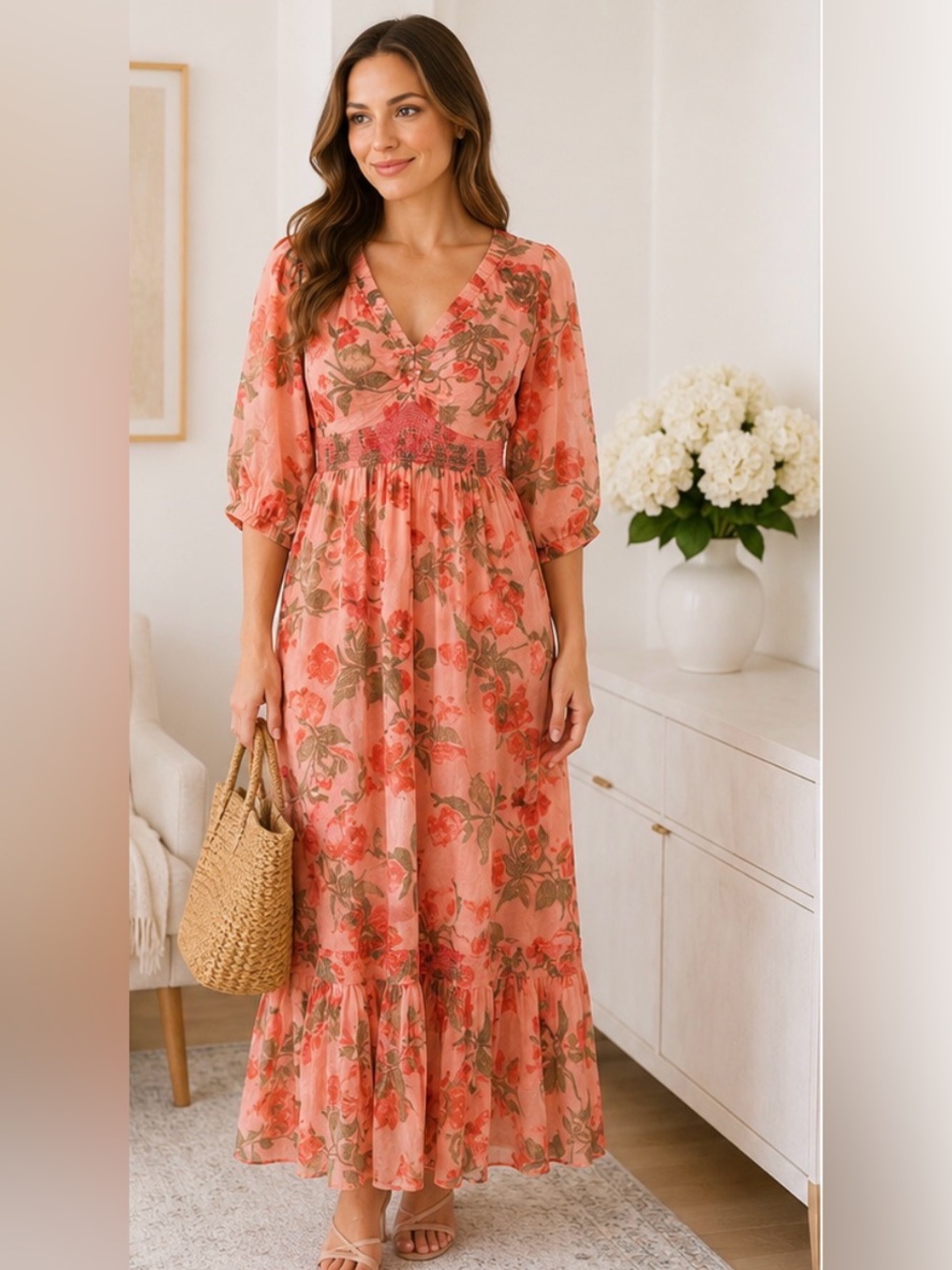 Free People Coral Floral Boho Maxi Dress – Size XL